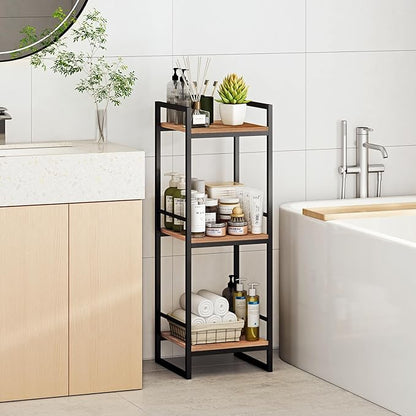 BYFU 3 Tier Bathroom Storage Open Shelf, Freestanding Metal Corner Storage Rack Shelving Unit for Bathroom Kitchen Living Room Hallway, Rustic Brown