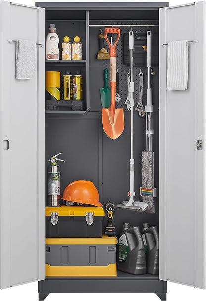 GREATMEET 72.8" Outdoor Broom Storage Cabinet, Metal Storage Cabinets for Cleaning Supplies with Slanted Roof, Waterproof Outdoor Slim Shed,Utility Closet for Broom Mop, Grey&White