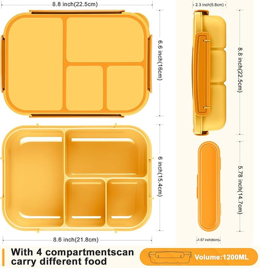 Lunch Box Kids,Bento Box Adult,Leakproof Lunch Containers for Adults/Kids/Toddler,1200ML-4 Compartments bento Lunch box with Utensil,Microwave & Dishwasher & Freezer Safe (Yellow)