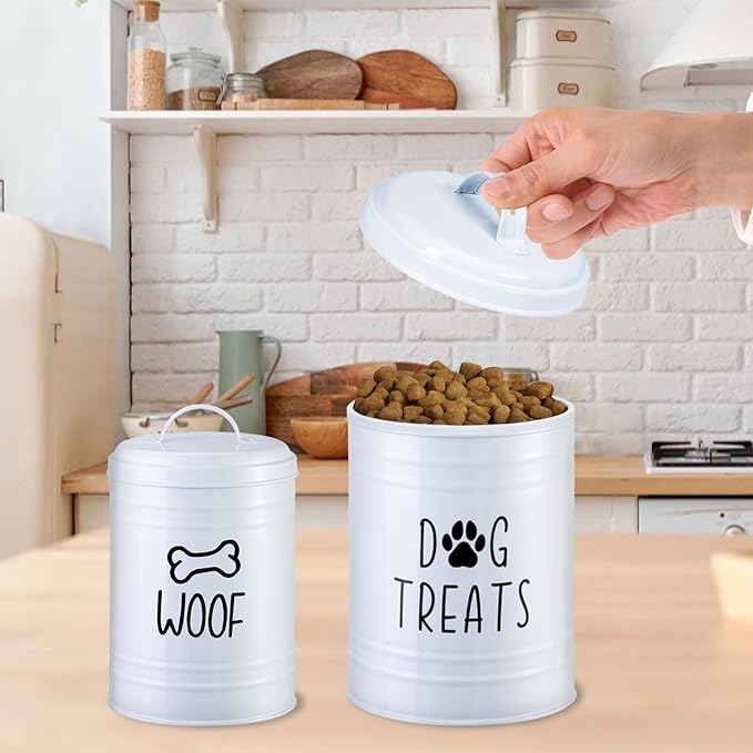 Dog Treat Container Airtight, Dog Treat Jar Set of 2 with Lid - 9x5.5''&7x4'' Metal Dog Cookie Jar for Farmhouse Kitchen Counter, White Pet Treat Container, Dog Treat Storage Container for Dogs, Cats