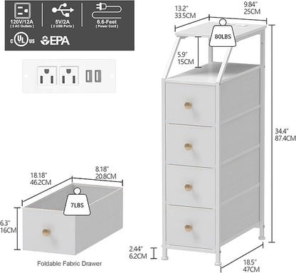 Tohomeor Narrow Dresser Tall Skinny Storage Tower Vertical Slim Chest of Drawers with Charging Station Small Nightstand Side Table for Bedroom, Bathroom, Small Spaces (White, 4 Drawers)