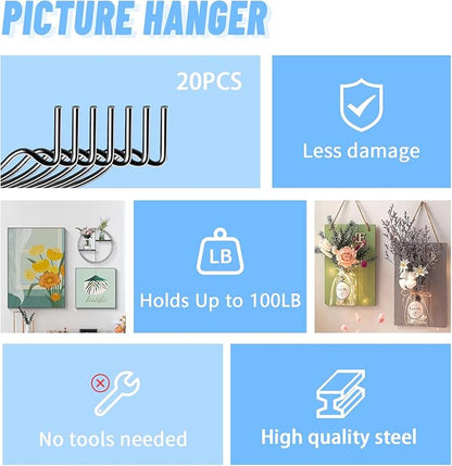 20pcs Black Super Hook Picture Hangers and Office Pack, Drywall Hooks for Hanging Pictures, Wall Hooks, Picture Hangers, Picture Hanging Kit，Hang Art, Clock, Shelves, Mirrors