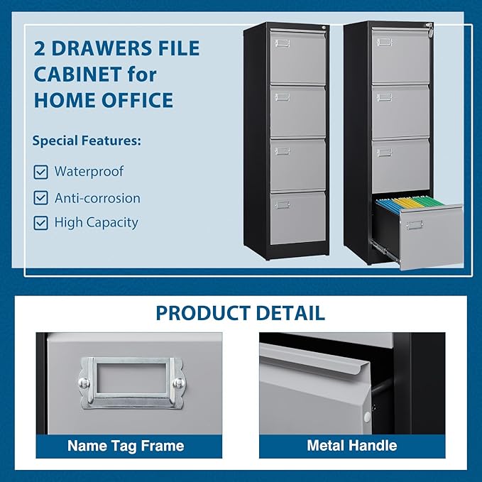 4 Drawer File Cabinet, Vertical Filing Cabinets with Lock, Metal File Cabinets for Home Office, Anti-Tip 4 Storage Drawers for Letter/Legal/A4/F4 Size (Assemble Required, Black)