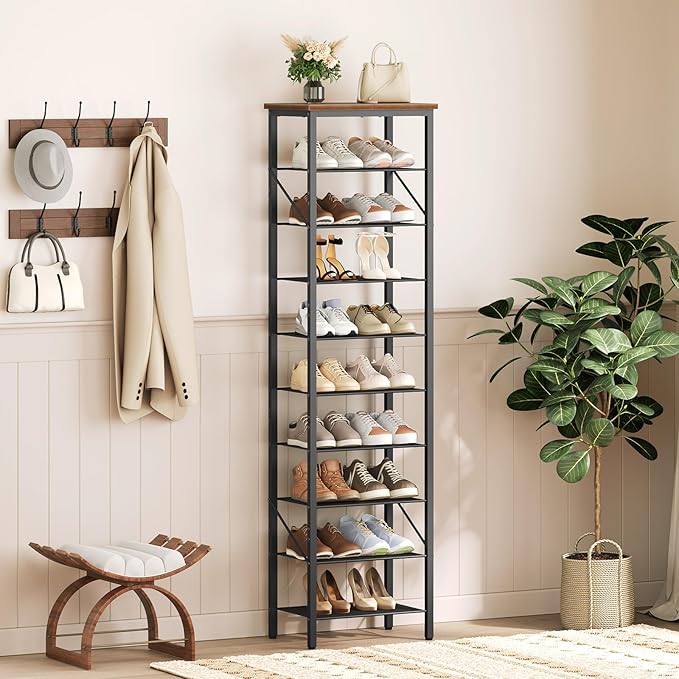 10-Tier Narrow Shoe Rack, Vertical Shoe Storage Organizer, for 12-24 Pairs, Shoe Shelf with Metal Frame, for Hallway, Entryway, Living Room, Rustic Brown and Black SRHR11401