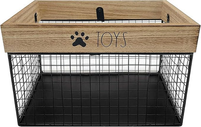 Rae Dunn Pet Toy Basket - Metal and Wood Dog Storage Cat Bin Organizer for Puppy Leash, Blanket, Treats, Food, Accessories Container Baskets Dogs,9.75" x 8" 6"
