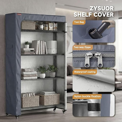 600D Oxford Wire Rack Cover 30" W x 14" D x 62" H, Heavy Duty Waterproof Shelving Protector with Side Tool Pocket, 3-Way Opening Dustproof Storage Shelf Cover for Bathroom, Grey