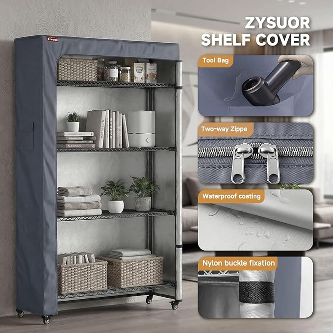 Wire Rack Cover 36" W x 24" D x 72" H, 600D Heavy Duty Waterproof Shelf Cover with Two-Way Zippers, Dustproof Shelving Protector for Large Tool Racks & Garage
