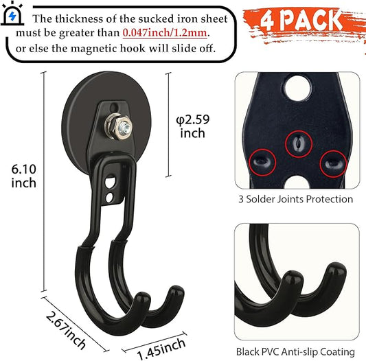 ULIBERMAGNET New Upgraded Garage Magnetic Hooks, 4 Pack Black Heavy Duty Large J Hooks with Magnet, Black Strong Anti-Slip Coating Magnet Hooks for Garden Tools, Ropes,Drill,Metal Cabinet,Pegboard