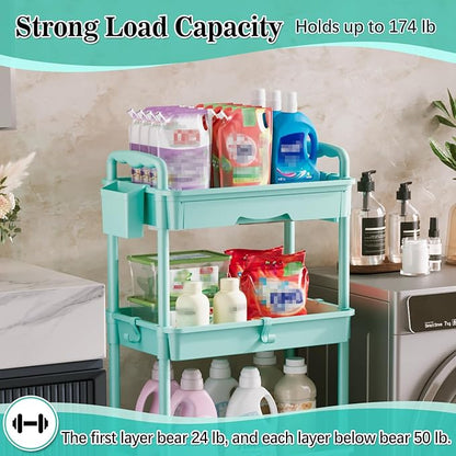 4 Tier Rolling Utility Cart with Drawer, Storage Organizer Cart with 2 Lockable Wheels, Multifunctional Rolling Storage Cart for Bathroom, Kitchen, Craft, Makeup, Baby Essentials, Blue