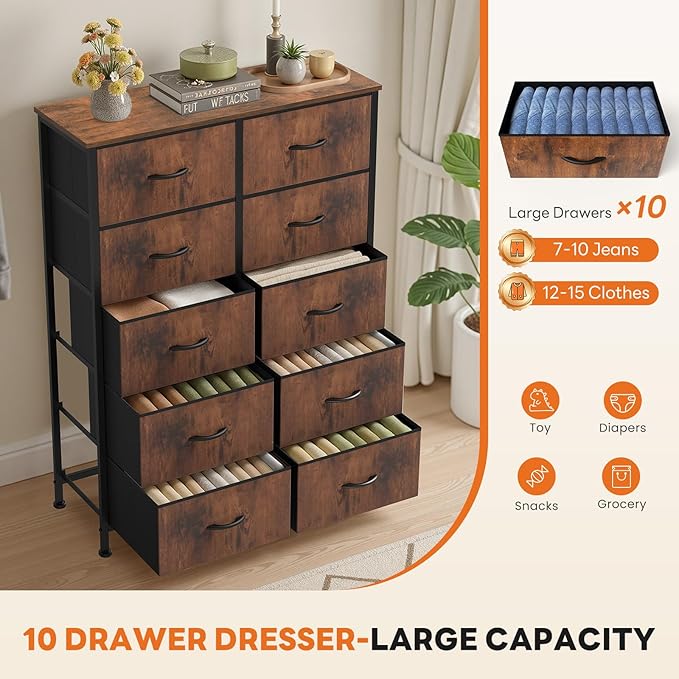 Sweetcrispy 10 Drawer Fabric Dresser Storage Tower with Bins, Tall Chest Organizer for Bedroom Closet Hallway, Steel Frame Wood Top Easy Pull Handles,Rustic Brown
