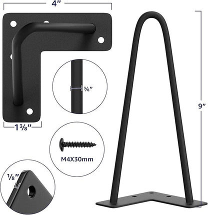 SMARTSTANDARD 9 Inch Heavy Duty Hairpin Furniture Legs, Metal Home DIY Projects for TV Stand, Sofa, Dresser with Rubber Floor Protectors Black 4PCS