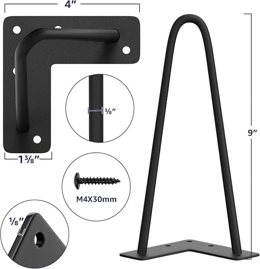 SMARTSTANDARD 9 Inch Heavy Duty Hairpin Furniture Legs, Metal Home DIY Projects for TV Stand, Sofa, Dresser with Rubber Floor Protectors Black 4PCS