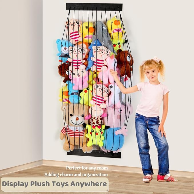 Stuffed Animal Storage Wooden Soft Toy Storage for Kids Room，Wall Mount Door Hanging Stuffed Animal Toy Organizer Shelf for Nursery Play Room Black -Patent