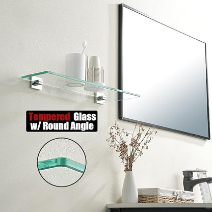 JQK Bathroom Glass Shelf, Floating Tempered Glass Shower Storage 20 by 5 inches, 304 Stainless Steel Polished Chrome Wall Mount 2 Pack 2 Pack, TGS201L20-CH-P2