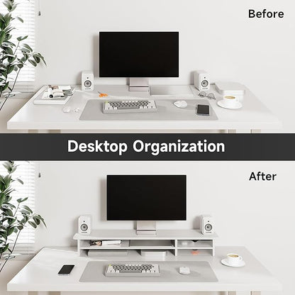 Fenge Monitor Stand, Dual Monitor Riser, 42.5inch Large Desk Computer Monitor Stand Riser with Drawer, 2 Tier Wood & Acrylic Desktop Organizer for Computer, Laptop, Printer, TV Screen Riser