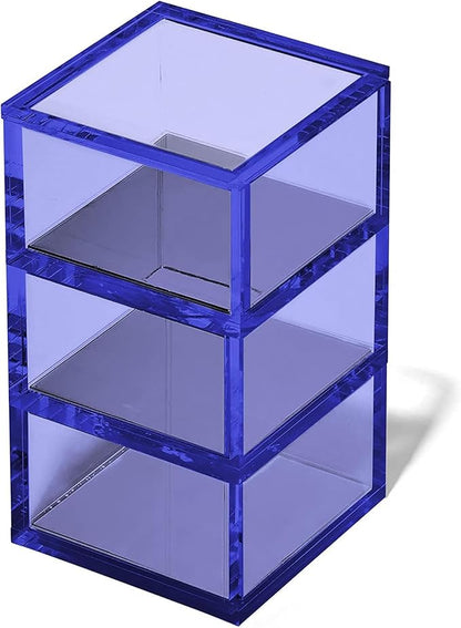 OfficeGoods 3-Tier Stackable Acrylic Holder- Stylish Desk Organizer and Storage for Office or Home – Transparent Square Design, Blue with Silver Metal Base