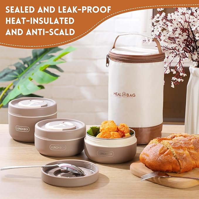 Dandat 3 Pcs Portable Insulated Lunch Container Set for Adult, Stackable Stainless Steel Bento Box for Hot Food with Insulated Lunch Bag Unisex 3 Separate Thermal Food Container(Khaki)