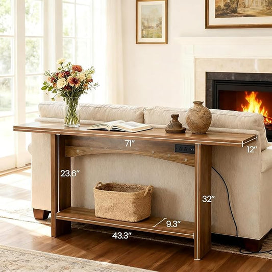 71" Console Table with Charging Station, Farmhouse Entryway Table, Entryway Table with Storage for Living Room or Foyer, Sofa Table for Hallway with Anti-Tip, Easy Assembly, Brown