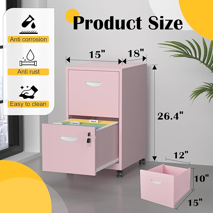 2 Drawer File Cabinet with Lock，Pink Rolling File Cabinet for Home Office, Metal Small Mobile Filing Cabinets on Wheels for Hanging Letter