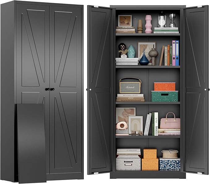 Greenvelly Metal Cabinet, 63" H Black Metal Storage Cabinet with Doors and 4 Shelves, Pantry Storage Cabinet for Kitchen, Bedroom, Living Room, Office (Farmhouse)