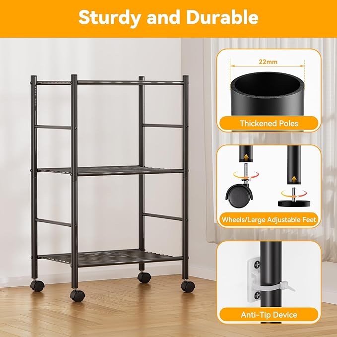 3 Tier Shelf Organizer Rack, Metal Shelving Unit with Wheels/Leveling Feet, Space-Saving Storage Shelves for Closet Laundry Bathroom Kitchen Pantry, 18.11" Wx12.6 Dx31.5 H