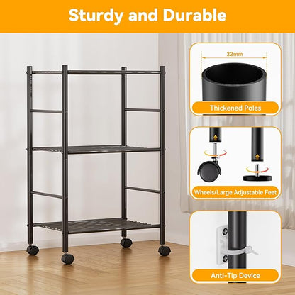 3 Tier Shelf Organizer Rack, Metal Shelving Unit with Wheels/Leveling Feet, Space-Saving Storage Shelves for Closet Laundry Bathroom Kitchen Pantry, 18.11" Wx12.6 Dx31.5 H