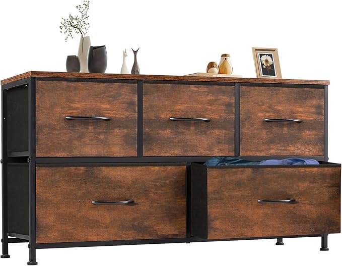 OLIXIS Dresser for Bedroom with 5 Drawers, Wide Chest of Drawers, Fabric Bedroom Dresser with Drawer Organizer, Storage Organizer Unit with Fabric Bins for Closet, Living Room, Hallway, Brown