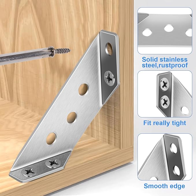 50Pcs Universal Stainless Steel Furniture Corner Connector, Angle Corner Bracket with Screws, Corner Braces, Corner Connectors for Shelves Wood Furniture Cabinets (50 Pcs)