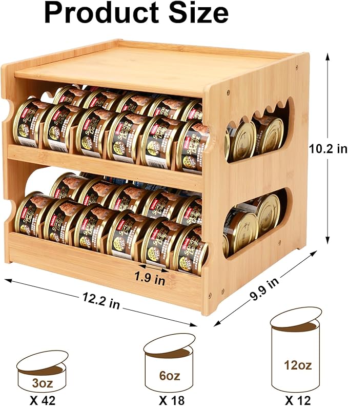 Bamboo Can Organizer for Pantry, 2 Tier Canned Cat Food Organizer for Kitchen Counter, Cat Food Storage Holds Up to 36 Cans, Can Rack Organizer for Human and Pet Food Cans, FlFO Design