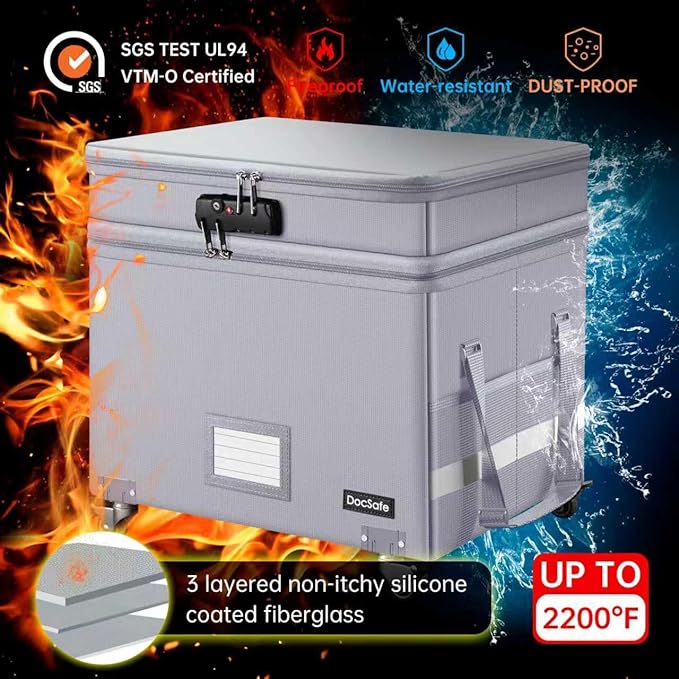 DocSafe Fireproof Document Box with Lock,2-Layer File Box with Wheels,Collapsible File Storage Organizer with Pockets,Large Portable Home Office Filing Cabinet Safe for Hanging Folders,Silver