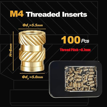 Kadrick 100Pcs M4 Threaded Inserts for 3D Printing Components,M4*H6*D5.5 Metric Brass Knurled Nuts, Insert by Heat into Plastic Parts