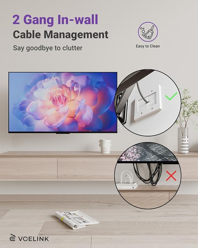 VCELINK 2 Gang Brush Wall Plate 2 Pack, Cable Pass Through Wire Hider for Cable Management, Compatible with Ethernet Cables, HDMI Cables & Home Theater Systems (White, with Bracket)