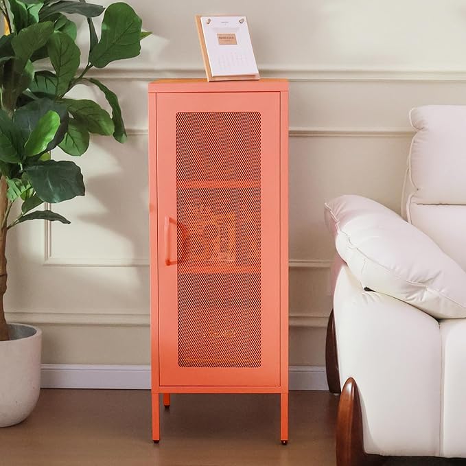 Slim Metal Storage Cabinet with Mesh Doors - 42'' Tall Narrow Organizer Tower, Compact Freestanding Cabinet, Versatile Utility Storage for Home, Office, Bedroom, or Kitchen, Durable and Modern Design