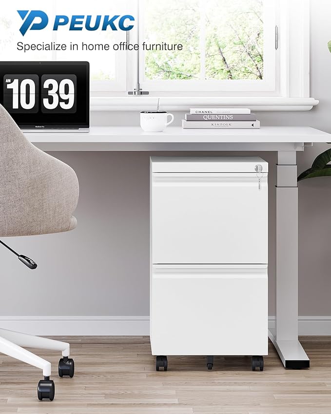 2 Drawer File Cabinet with Lock, Metal Under Desk Rolling Filing Cabinet fits Letter/Legal/A4 Size for Home Office, Mobile Filing Cabinets, Assemble Required, White