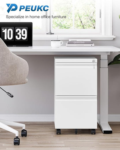 2 Drawer File Cabinet with Lock, Metal Under Desk Rolling Filing Cabinet fits Letter/Legal/A4 Size for Home Office, Mobile Filing Cabinets, Assemble Required, White