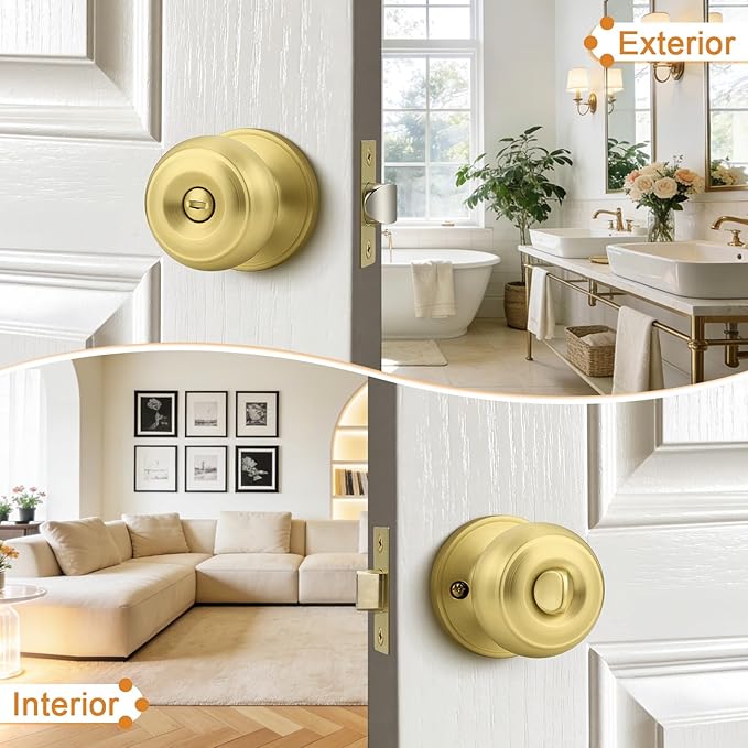 Probrico Brushed Brass Door Knob, Gold Bedroom Bathroom Door Knobs Inteior, Privacy Door Knobs, 1 Pack