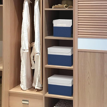 Large 22 Quart Linen Fabric Foldable Storage Bin Cube Organizer Basket with Flip-Top Lid & Handles, Clothes Blanket Box for Home, Office, Closet, Navy Blue & White, 4 Pack 14.6 x 9.5 x 9.5