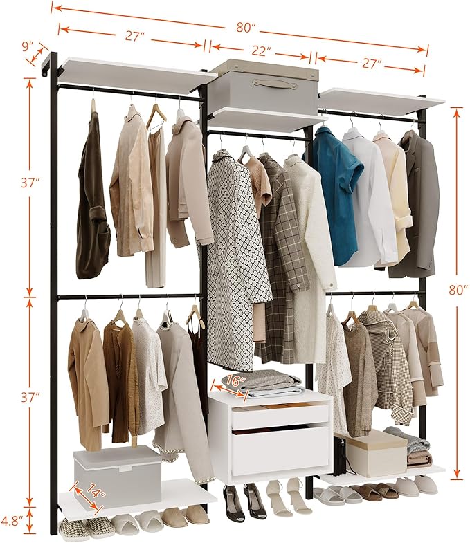 Wall-Mounted Steel & Wood Closet Organizer System with 4 Adjustable Shelves, 5 Hanging Rods, and 2 Drawers – Modern Open Wardrobe, White