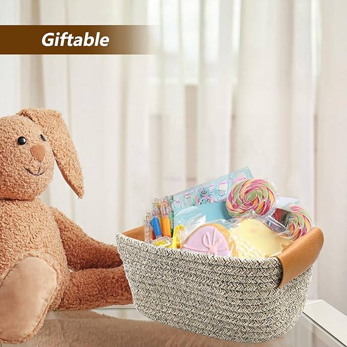 Small Woven Basket, Cute Cotton Rope Basket for Organizing, Decorative Baskets for Gifts Empty, Organizer Bin for Cat Puppy Dog Toy Nursery Shelf Storage, Baby Shower, Birthday, Father’s Day (Coffee)