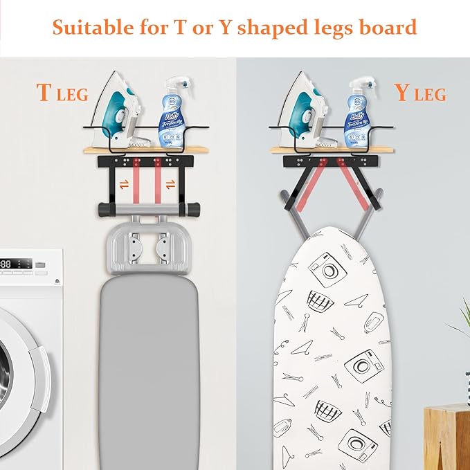 SMZCTYI Iron Board Holder, Wall Mount with Adjustable Hooks for Y & T-Leg Iron, Base Basket for Laundry Room, Bedroom