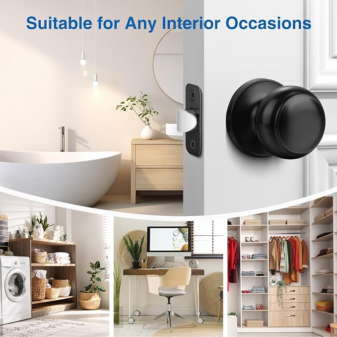 Sopoby Black Door Knob, 5 Pack Round Keyless Doorknobs Interior/Exterior Lockset, Passage Locking Door Knobs for Bedroom/Bathroom, Black Modern Design Door Hardware