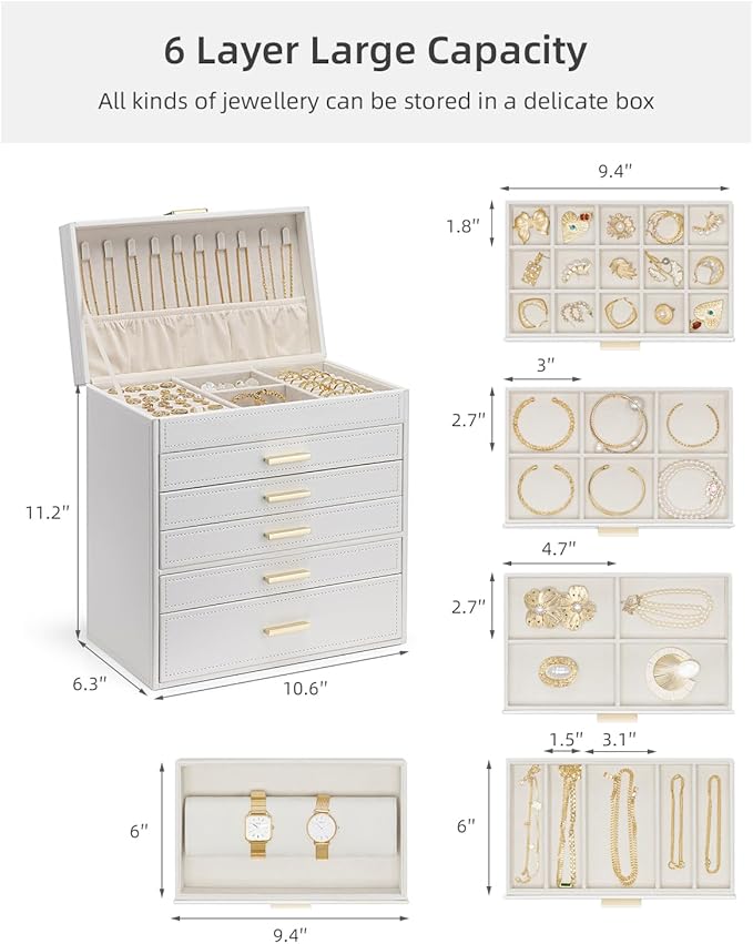 Vlando 6 Layer Large Jewelry Box - Jewelry Holder Organizer, Jewelry Box Organizer for Drawer Necklace Ring Bracelet and Watch, Birthday Gift for Loved Ones - Beige