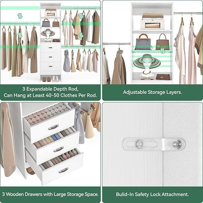 96'' Closet Organizer System with 3 Hanging Rods, 8FT Closet Organizers and Storage with 3 Wooden Drawers, Built in Closet Organizer Systems, Adjustable Walk-in Wardrobe from 5-8FT, White
