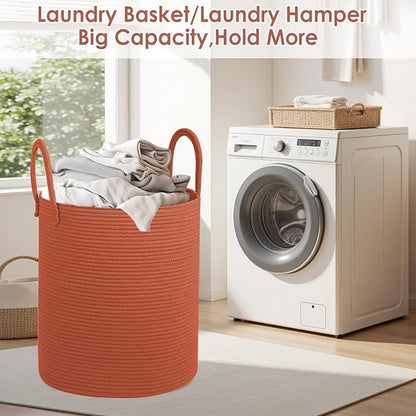 Cotton Rope Laundry Basket, Large Capacity Storage Bin with Handles, Blanket Basket for Living Room, Ribbed Texture, Brick Red, XX Large 100L