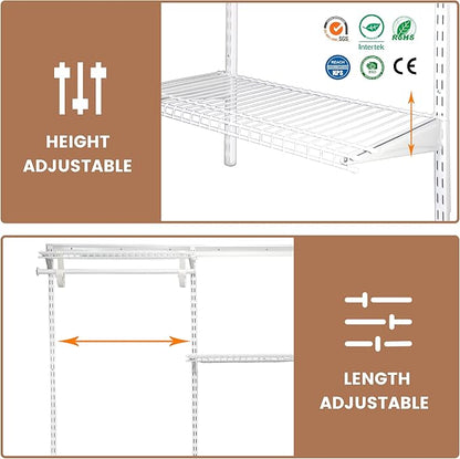 5-8 Ft Closet Organizer System, White Adjustable Custom Metal Wire Shelving Wall Mounted, Expandable Organization and Storage Shelf Kit with Hanging Rods