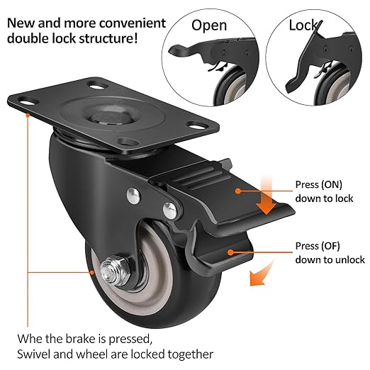 3 Inch Industrial Heavy Duty Swivel Caster Wheels with Brake,Set of 4 Safety Locking Casters,Load 1600lbs,Premium Polyurethane Wheels for Table,Trailer,Saw Table,Stage Toolbox,Bed,Corn Board