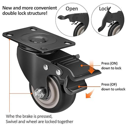 3 Inch Industrial Heavy Duty Swivel Caster Wheels with Brake,Set of 4 Safety Locking Casters,Load 1600lbs,Premium Polyurethane Wheels for Table,Trailer,Saw Table,Stage Toolbox,Bed,Corn Board