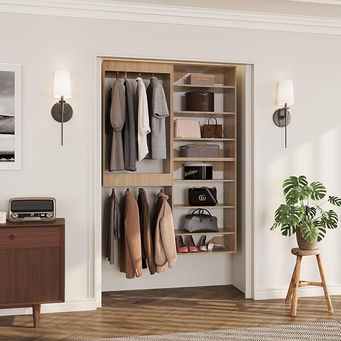 ROOMTEC Modular Closet System, 55" Wall-Mounted Closet Organizer with Hanging Rods and Shelves, Wooden Tower for Walk-In Closets, Wardrobe Storage Kit, Wood