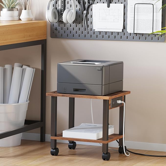 TUTOTAK 2 Tier Printer Stand, Rolling Printer Cart with Power Outlets and USB Ports, Mobile Printer Table with Wheels, for Under Desk, Office, Home,Brown PS01BB001