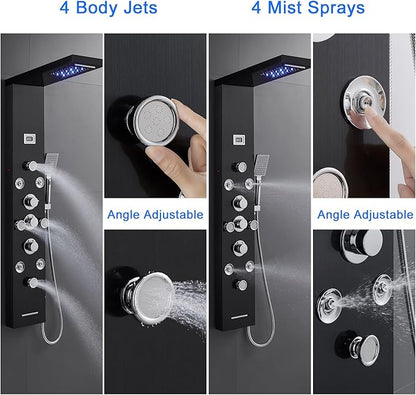 POPFLY 6 In 1 LED Shower Panel Tower System, 8 Body Massage Jets, 304 Stainless Steel Wall Mount Rainfall ＆ Waterfall Shower Column Towers with Temperature Display, Tub Spout, Black